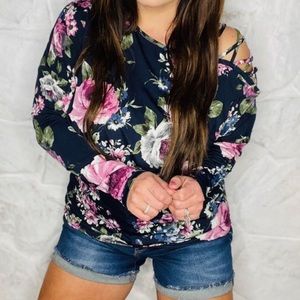 Navy floral open shoulder top!